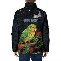 New Zealand Kakapo Matariki Personalised Padded Jacket Pohutukawa Flower Galaxy Maori Pattern