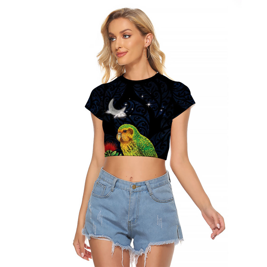 New Zealand Kakapo Matariki Personalised Raglan Cropped T Shirt Pohutukawa Flower Galaxy Maori Pattern
