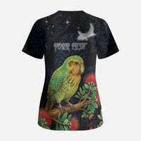 New Zealand Kakapo Matariki Personalised Scrub Top Pohutukawa Flower Galaxy Maori Pattern