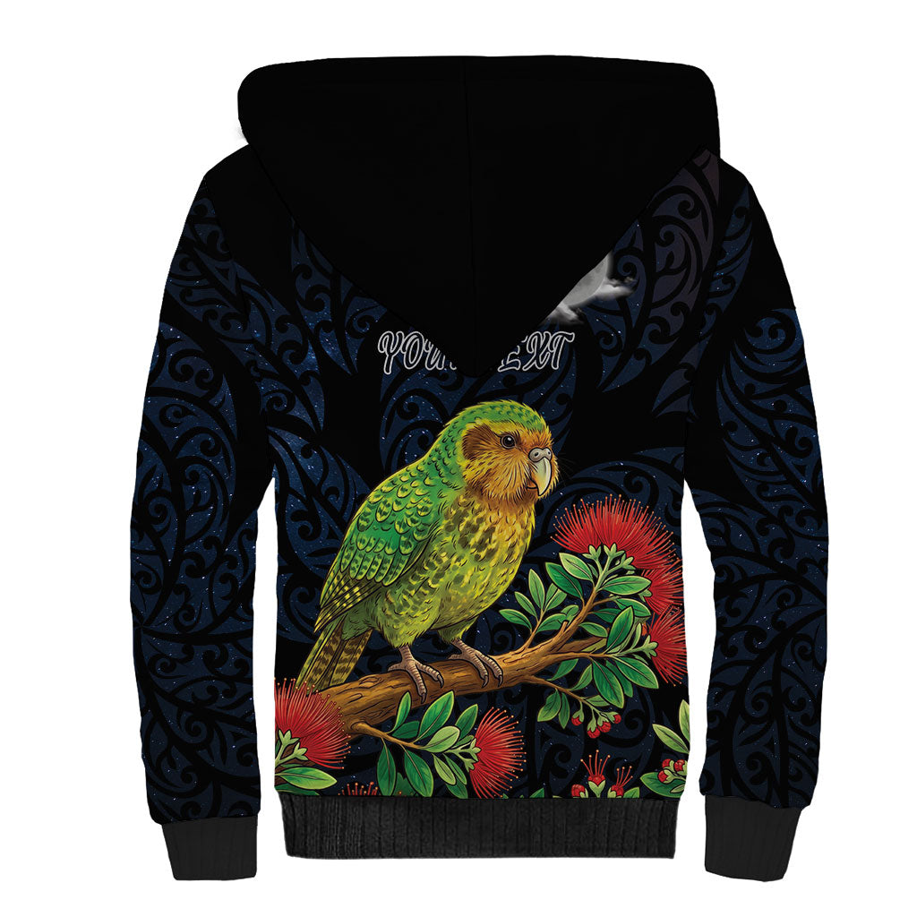 New Zealand Kakapo Matariki Personalised Sherpa Hoodie Pohutukawa Flower Galaxy Maori Pattern