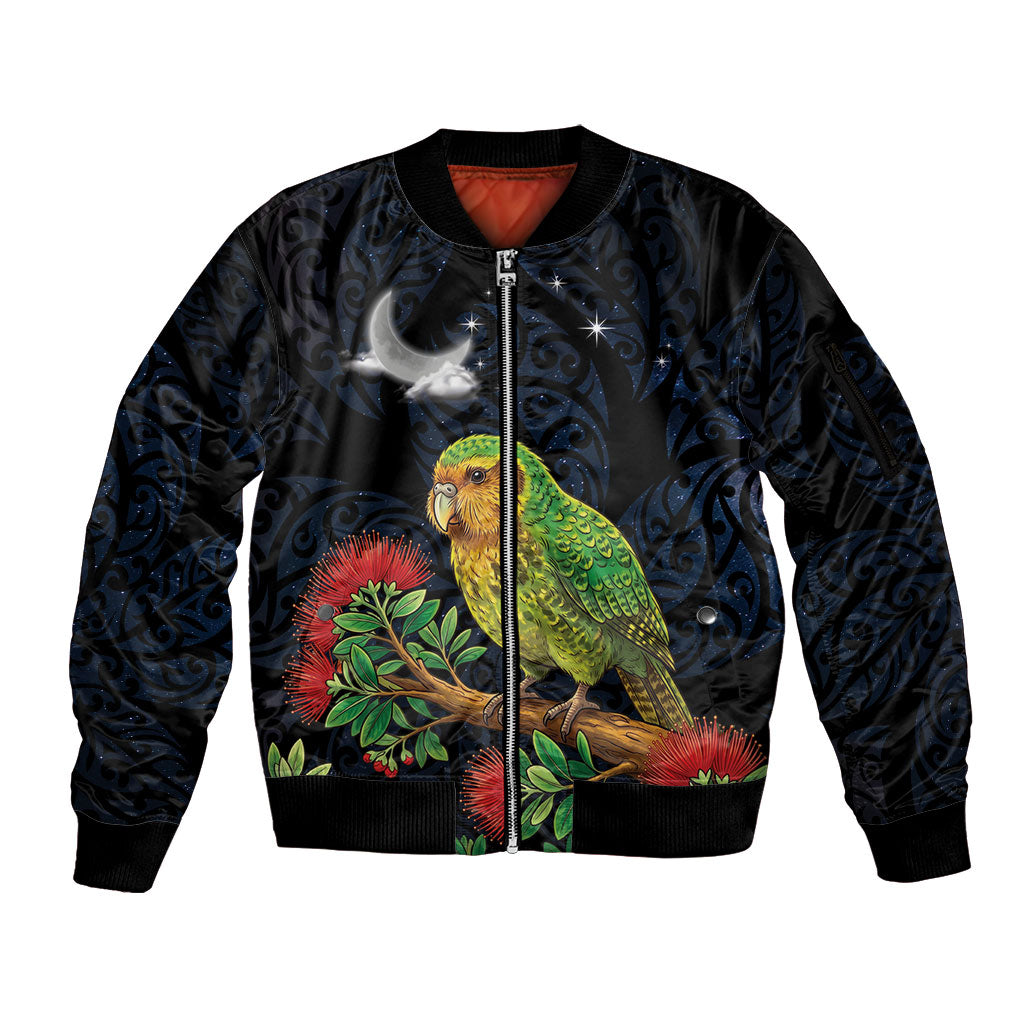New Zealand Kakapo Matariki Personalised Sleeve Zip Bomber Jacket Pohutukawa Flower Galaxy Maori Pattern
