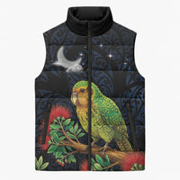 New Zealand Kakapo Matariki Personalised Sleeveless Puffer Jacket Pohutukawa Flower Galaxy Maori Pattern