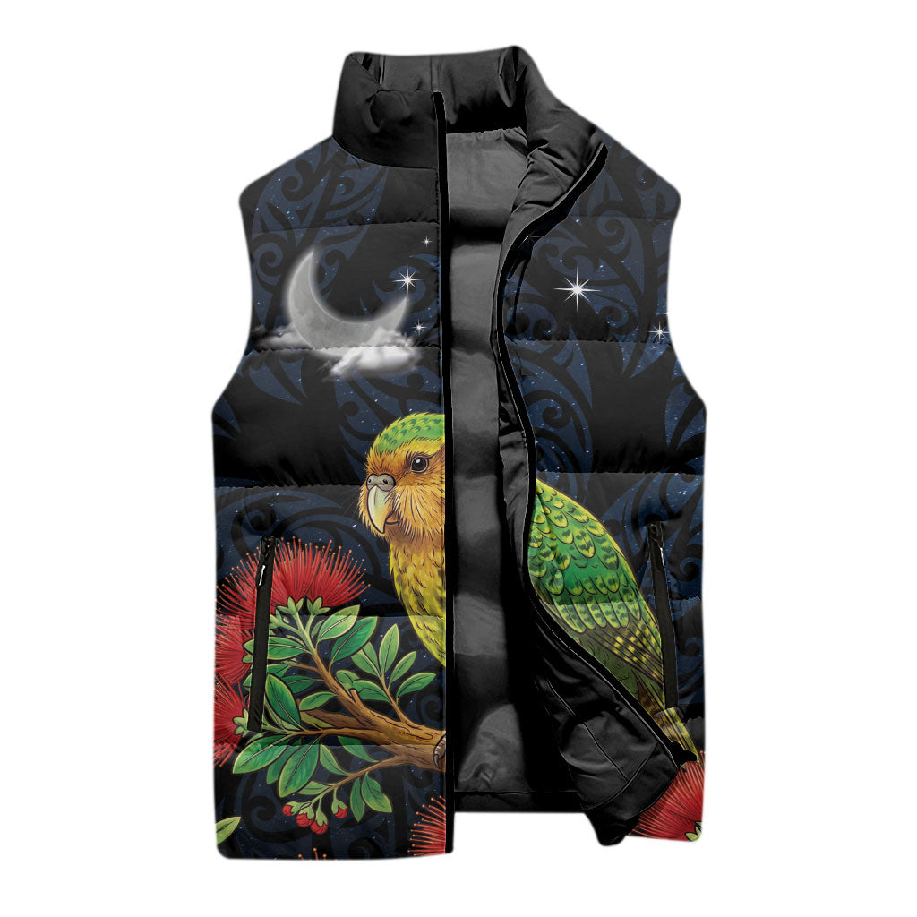 New Zealand Kakapo Matariki Personalised Sleeveless Puffer Jacket Pohutukawa Flower Galaxy Maori Pattern