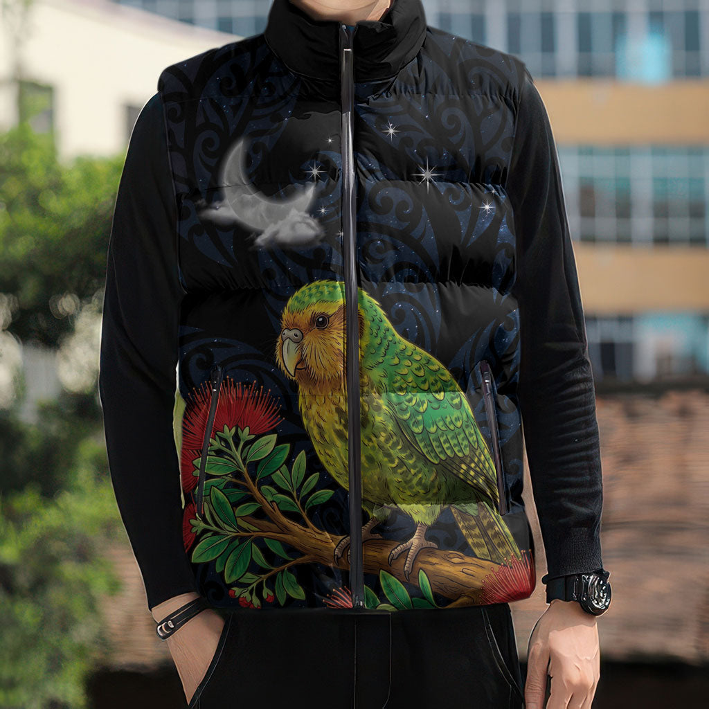 New Zealand Kakapo Matariki Personalised Sleeveless Puffer Jacket Pohutukawa Flower Galaxy Maori Pattern