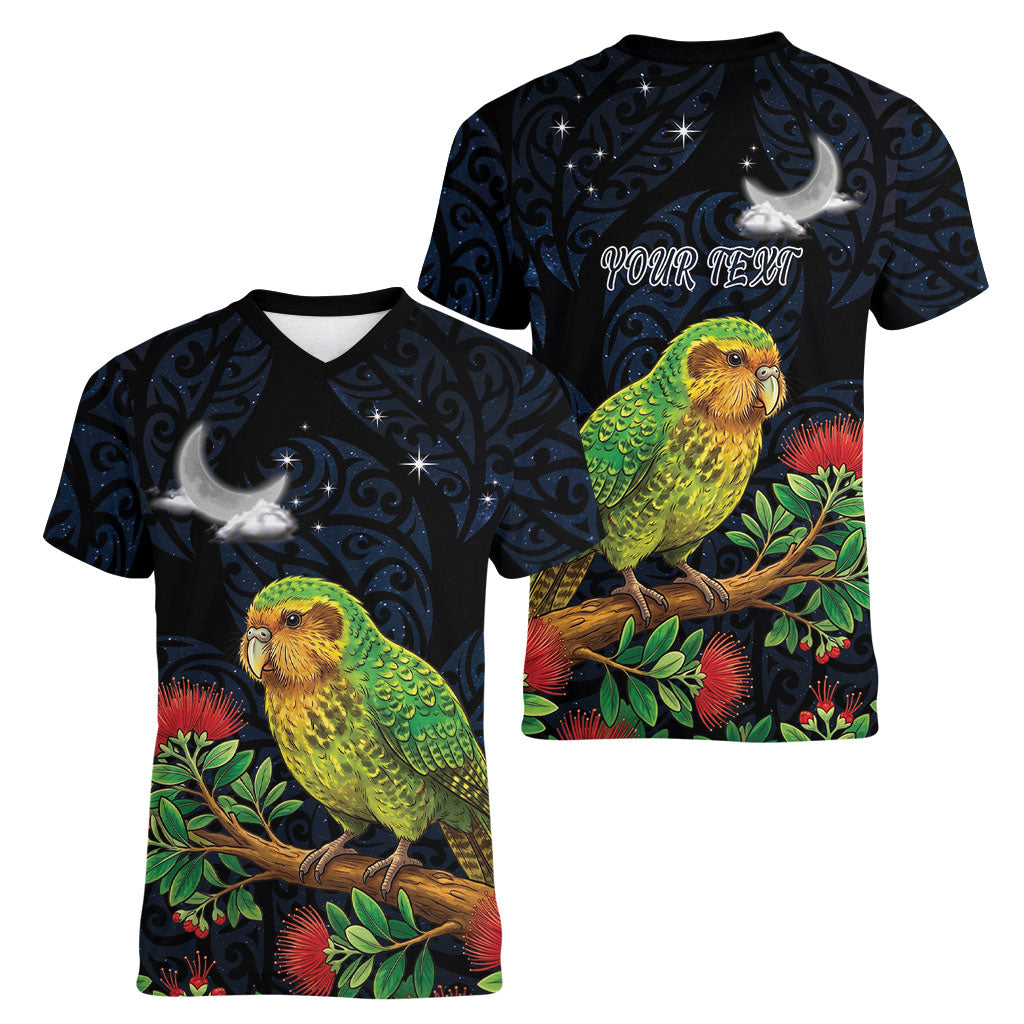 New Zealand Kakapo Matariki Personalised Women V-Neck T-Shirt Pohutukawa Flower Galaxy Maori Pattern LT22 - Polynesian Pride