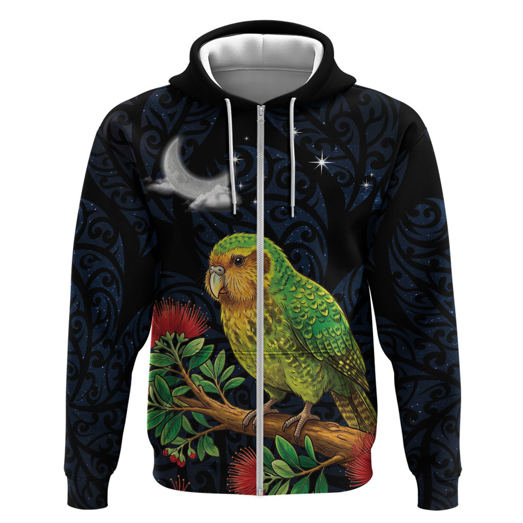 New Zealand Kakapo Matariki Personalised Zip Hoodie Pohutukawa Flower Galaxy Maori Pattern