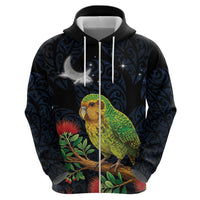 New Zealand Kakapo Matariki Personalised Zip Hoodie Pohutukawa Flower Galaxy Maori Pattern