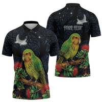 New Zealand Kakapo Matariki Personalised Zipper Polo Shirt Pohutukawa Flower Galaxy Maori Pattern