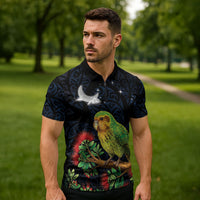 New Zealand Kakapo Matariki Personalised Zipper Polo Shirt Pohutukawa Flower Galaxy Maori Pattern