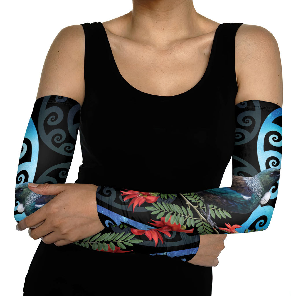 Tui Bird Kakabeak New Zealand Arm Sleeves Clianthus Galaxy Maori Koru Pattern