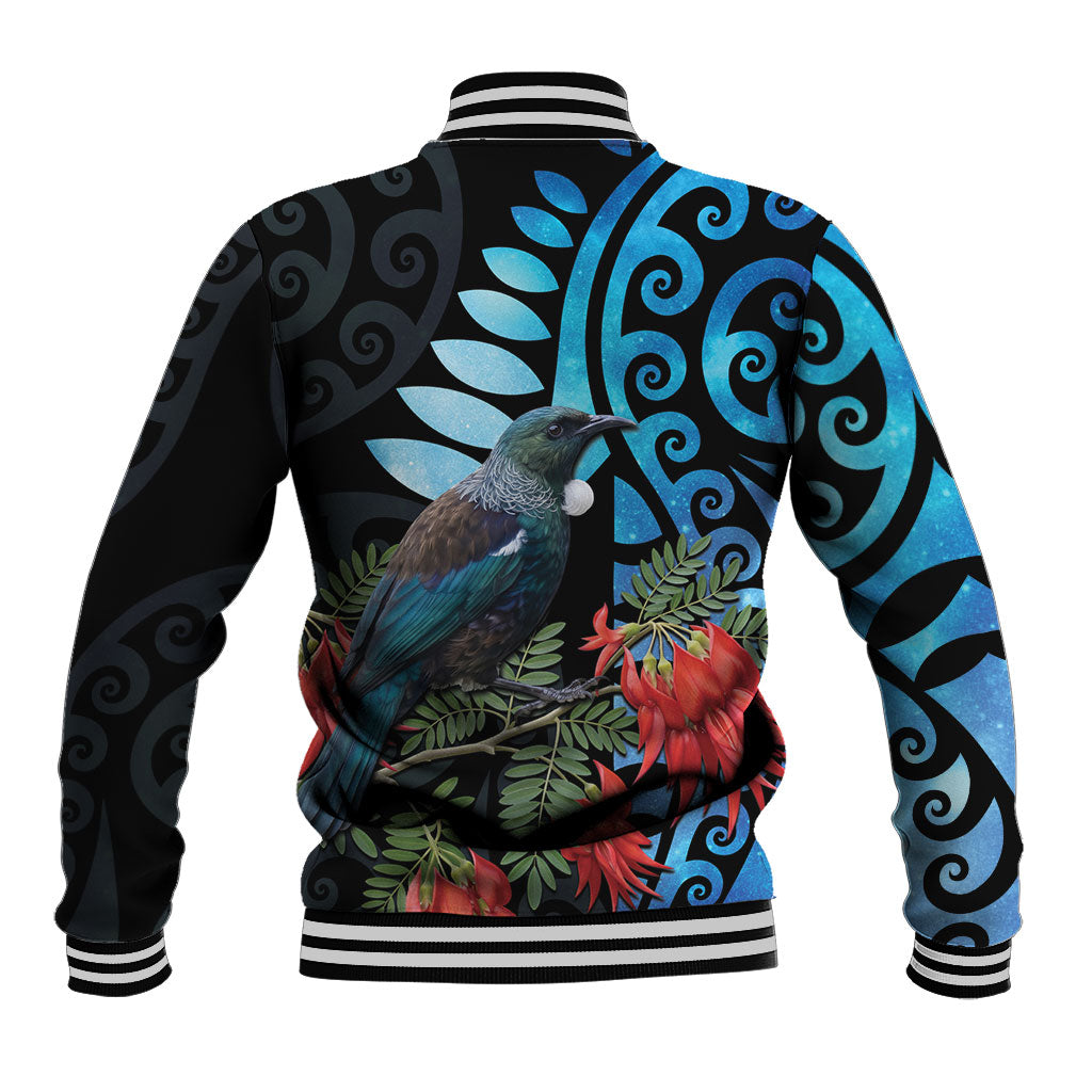 Tui Bird Kakabeak New Zealand Baseball Jacket Clianthus Galaxy Maori Koru Pattern
