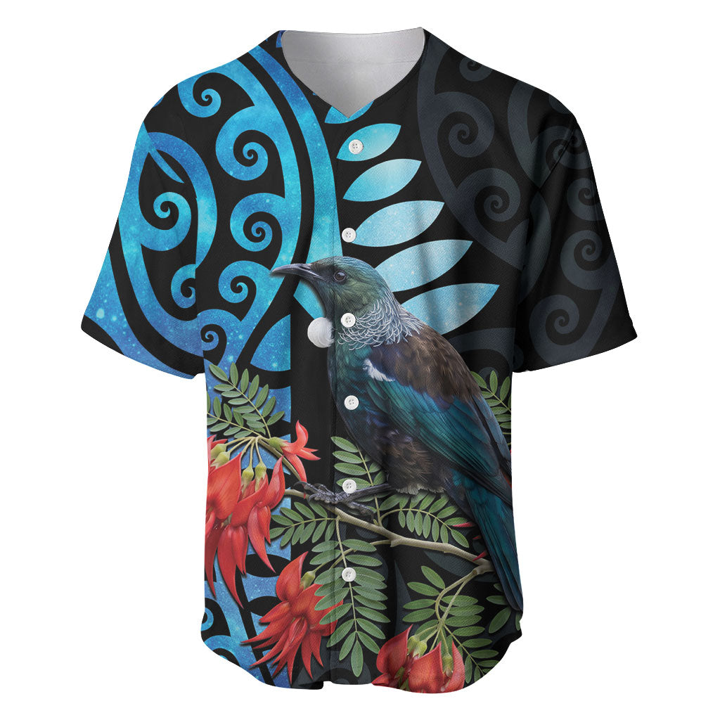 Tui Bird Kakabeak New Zealand Baseball Jersey Clianthus Galaxy Maori Koru Pattern