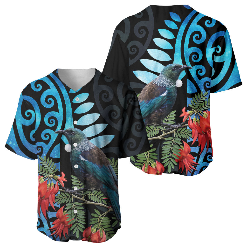 Tui Bird Kakabeak New Zealand Baseball Jersey Clianthus Galaxy Maori Koru Pattern