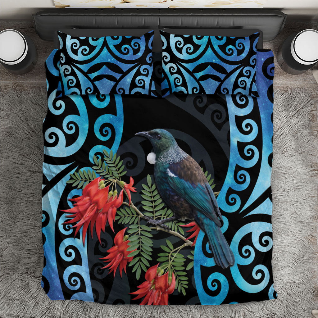 Tui Bird Kakabeak New Zealand Bedding Set Clianthus Galaxy Maori Koru Pattern