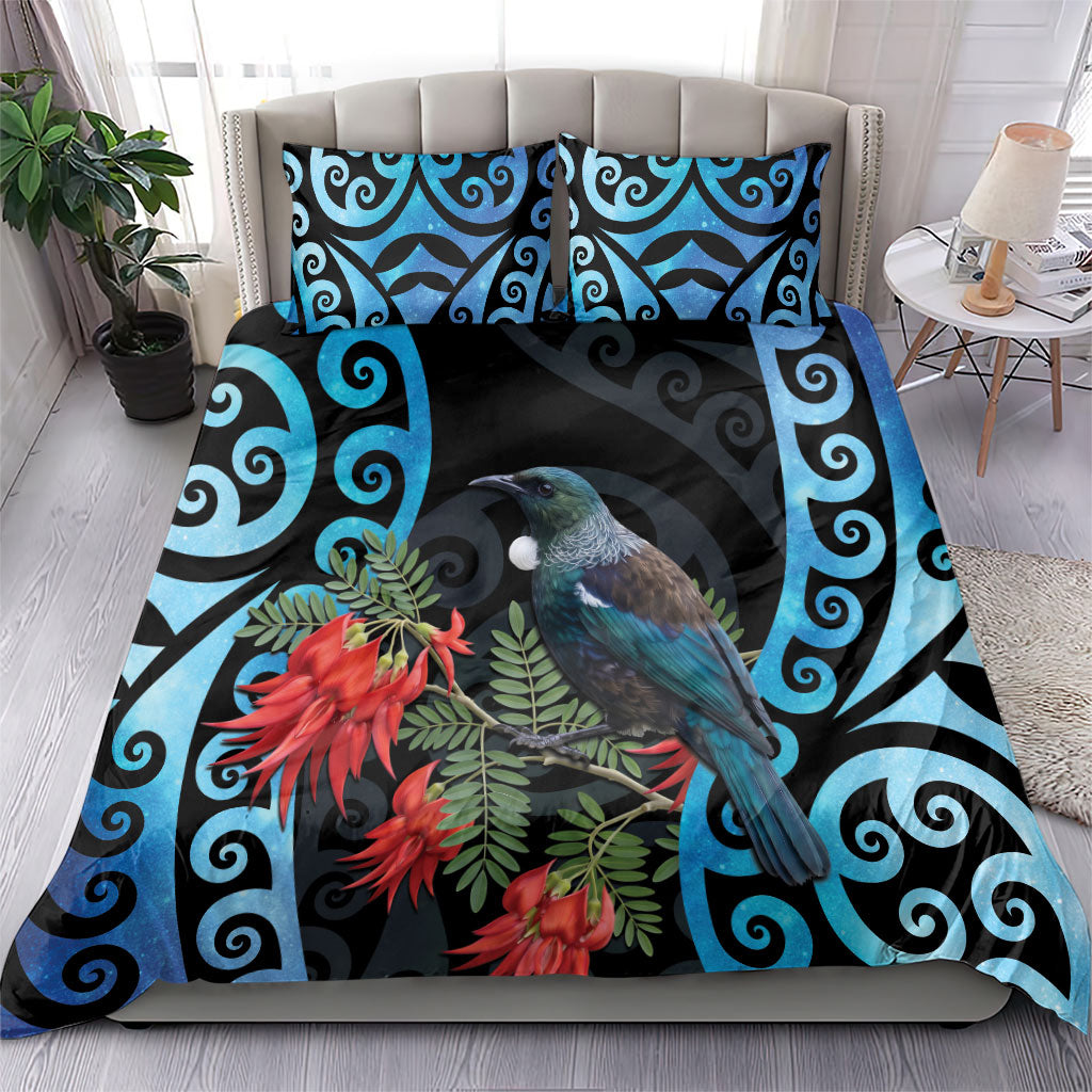 Tui Bird Kakabeak New Zealand Bedding Set Clianthus Galaxy Maori Koru Pattern