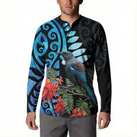 Tui Bird Kakabeak New Zealand Button Sweatshirt Clianthus Galaxy Maori Koru Pattern