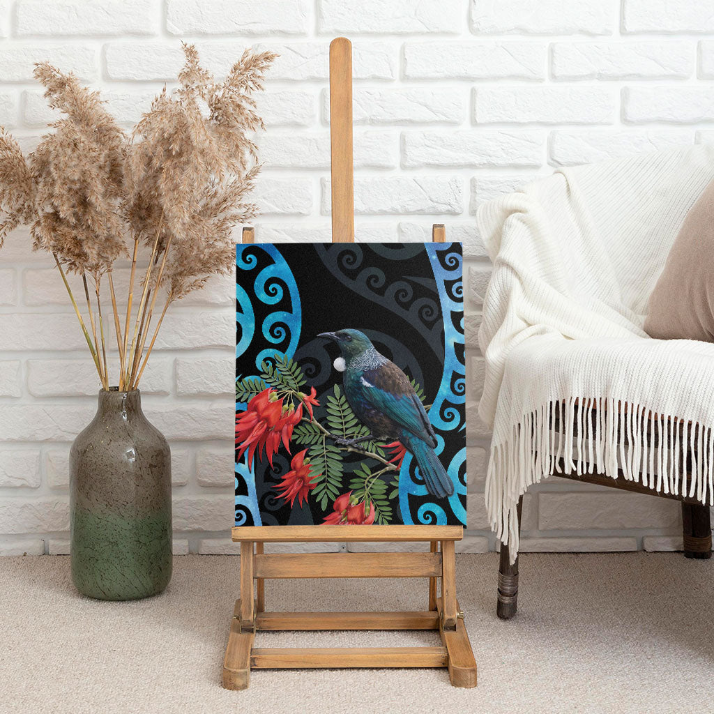 Tui Bird Kakabeak New Zealand Canvas Wall Art Clianthus Galaxy Maori Koru Pattern