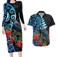 Tui Bird Kakabeak New Zealand Couples Matching Long Sleeve Bodycon Dress and Hawaiian Shirt Clianthus Galaxy Maori Koru Pattern LT22 Blue - Polynesian Pride