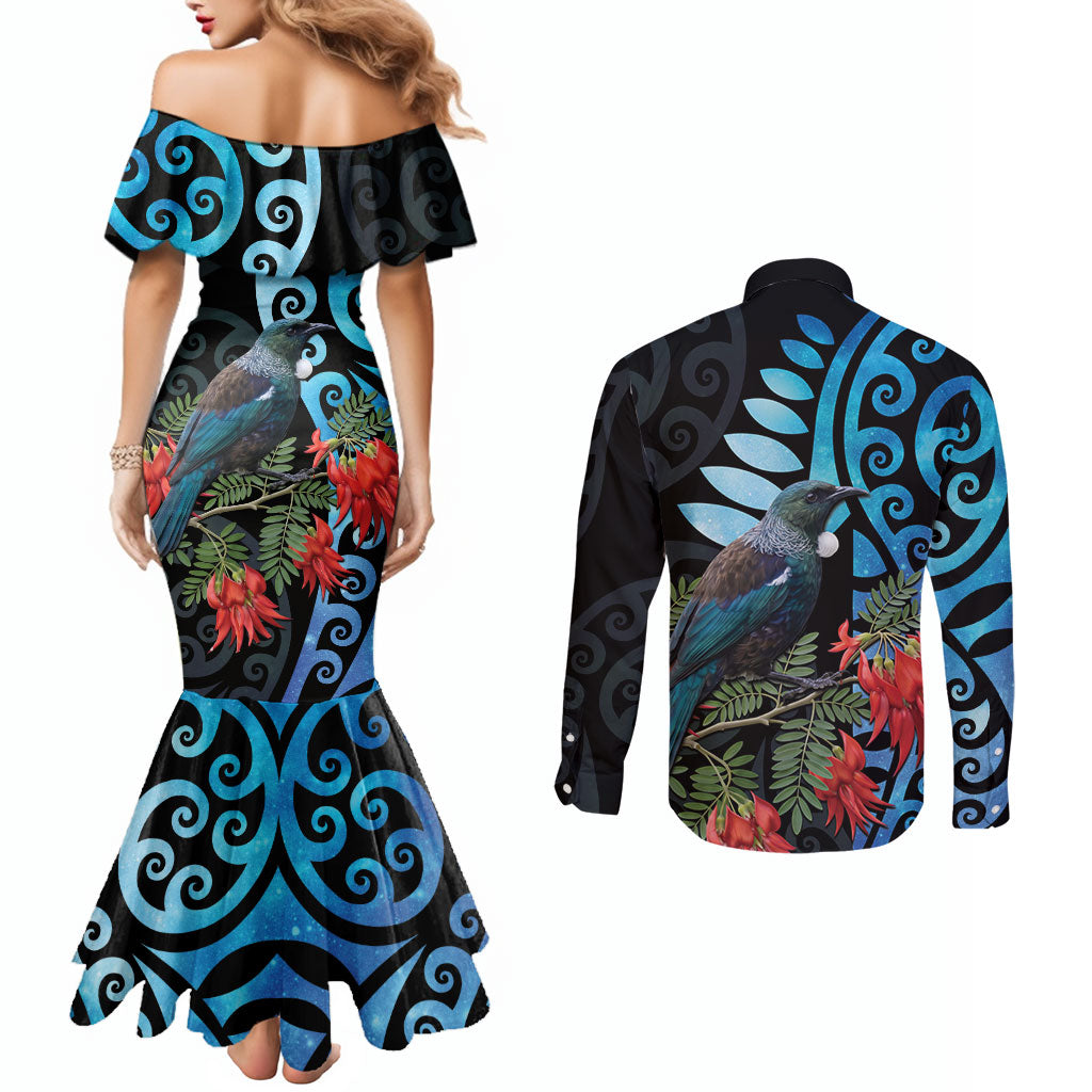 Tui Bird Kakabeak New Zealand Couples Matching Mermaid Dress and Long Sleeve Button Shirt Clianthus Galaxy Maori Koru Pattern LT22 - Polynesian Pride
