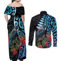 Tui Bird Kakabeak New Zealand Couples Matching Off Shoulder Maxi Dress and Long Sleeve Button Shirt Clianthus Galaxy Maori Koru Pattern
