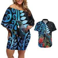 Tui Bird Kakabeak New Zealand Couples Matching Off Shoulder Short Dress and Hawaiian Shirt Clianthus Galaxy Maori Koru Pattern LT22 Blue - Polynesian Pride