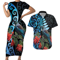 Tui Bird Kakabeak New Zealand Couples Matching Short Sleeve Bodycon Dress and Hawaiian Shirt Clianthus Galaxy Maori Koru Pattern LT22 Blue - Polynesian Pride
