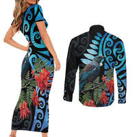 Tui Bird Kakabeak New Zealand Couples Matching Short Sleeve Bodycon Dress and Long Sleeve Button Shirt Clianthus Galaxy Maori Koru Pattern LT22 - Polynesian Pride