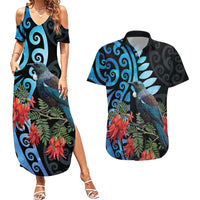 Tui Bird Kakabeak New Zealand Couples Matching Summer Maxi Dress and Hawaiian Shirt Clianthus Galaxy Maori Koru Pattern LT22 Blue - Polynesian Pride