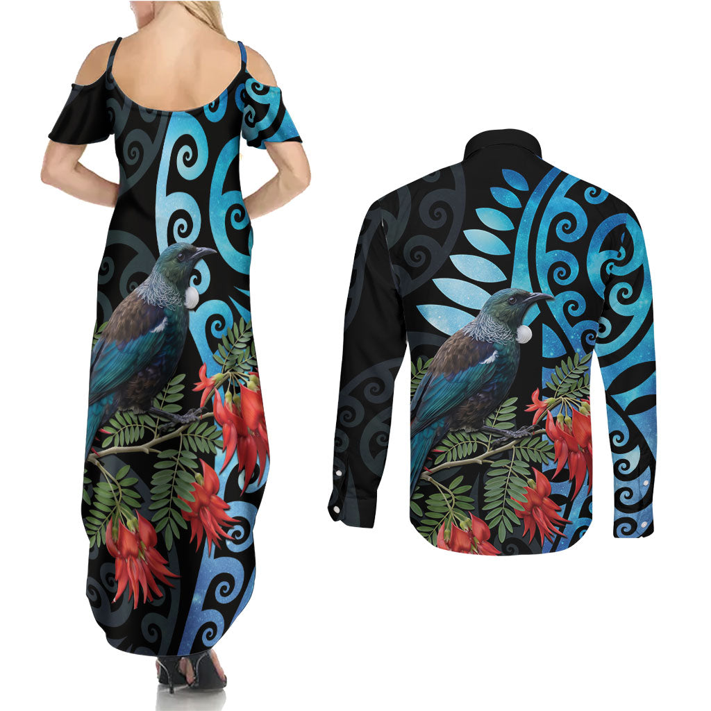 Tui Bird Kakabeak New Zealand Couples Matching Summer Maxi Dress and Long Sleeve Button Shirt Clianthus Galaxy Maori Koru Pattern