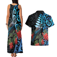 Tui Bird Kakabeak New Zealand Couples Matching Tank Maxi Dress and Hawaiian Shirt Clianthus Galaxy Maori Koru Pattern LT22 - Polynesian Pride