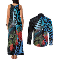 Tui Bird Kakabeak New Zealand Couples Matching Tank Maxi Dress and Long Sleeve Button Shirt Clianthus Galaxy Maori Koru Pattern