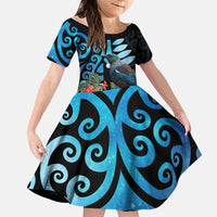 Tui Bird Kakabeak New Zealand Family Matching Long Sleeve Bodycon Dress and Hawaiian Shirt Clianthus Galaxy Maori Koru Pattern LT22 Daughter's Dress Blue - Polynesian Pride