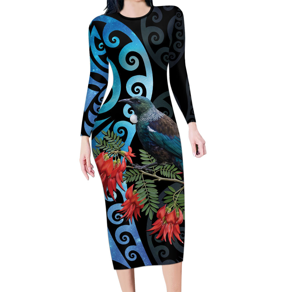 Tui Bird Kakabeak New Zealand Family Matching Long Sleeve Bodycon Dress and Hawaiian Shirt Clianthus Galaxy Maori Koru Pattern LT22 Mom's Dress Blue - Polynesian Pride