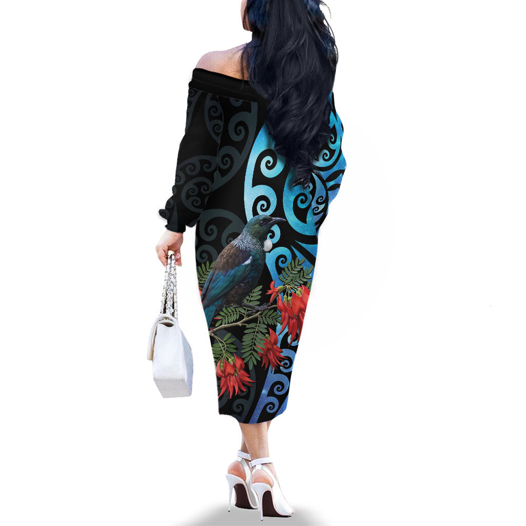 Tui Bird Kakabeak New Zealand Family Matching Off The Shoulder Long Sleeve Dress and Hawaiian Shirt Clianthus Galaxy Maori Koru Pattern LT22 - Polynesian Pride