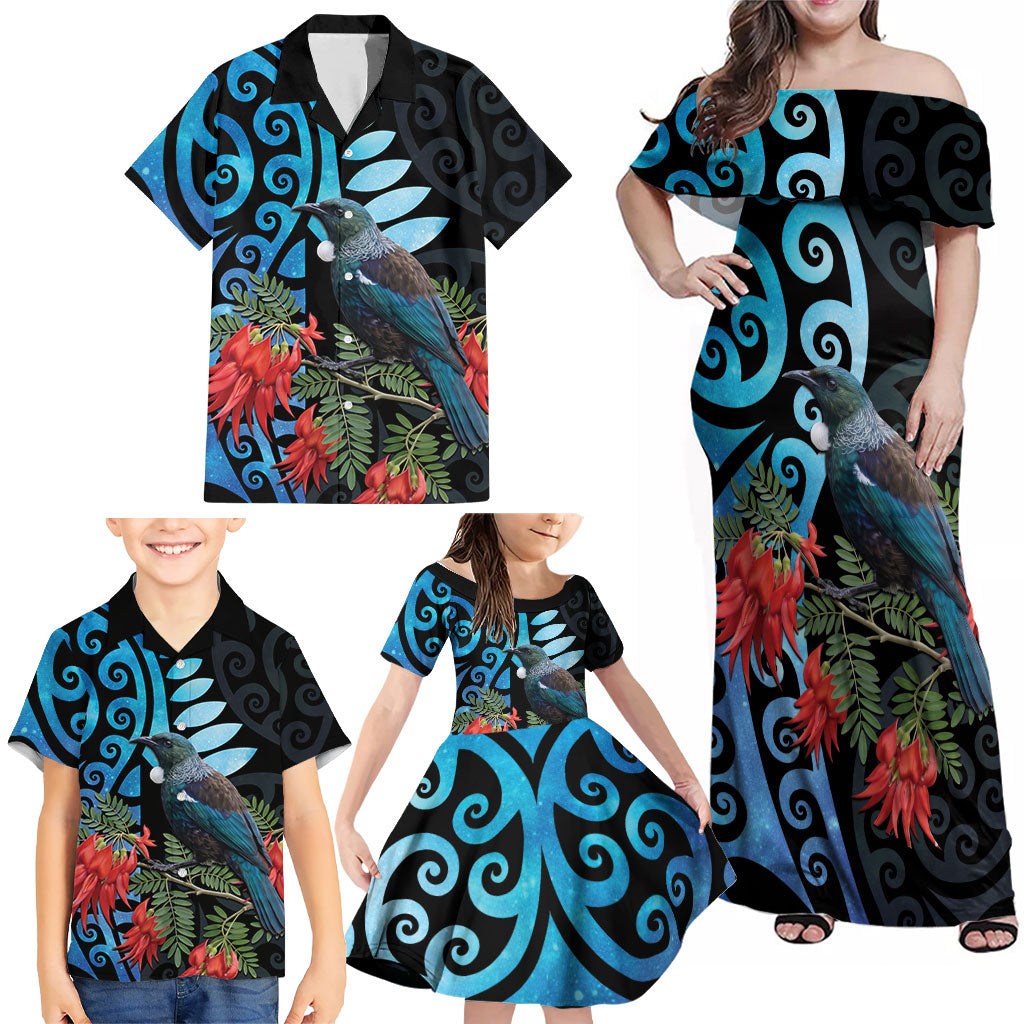 Tui Bird Kakabeak New Zealand Family Matching Off Shoulder Maxi Dress and Hawaiian Shirt Clianthus Galaxy Maori Koru Pattern LT22 - Polynesian Pride