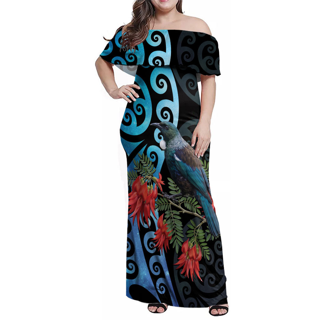 Tui Bird Kakabeak New Zealand Family Matching Off Shoulder Maxi Dress and Hawaiian Shirt Clianthus Galaxy Maori Koru Pattern LT22 Mom's Dress Blue - Polynesian Pride
