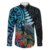 Tui Bird Kakabeak New Zealand Family Matching Off Shoulder Short Dress and Hawaiian Shirt Clianthus Galaxy Maori Koru Pattern LT22 Dad's Shirt - Long Sleeve Blue - Polynesian Pride