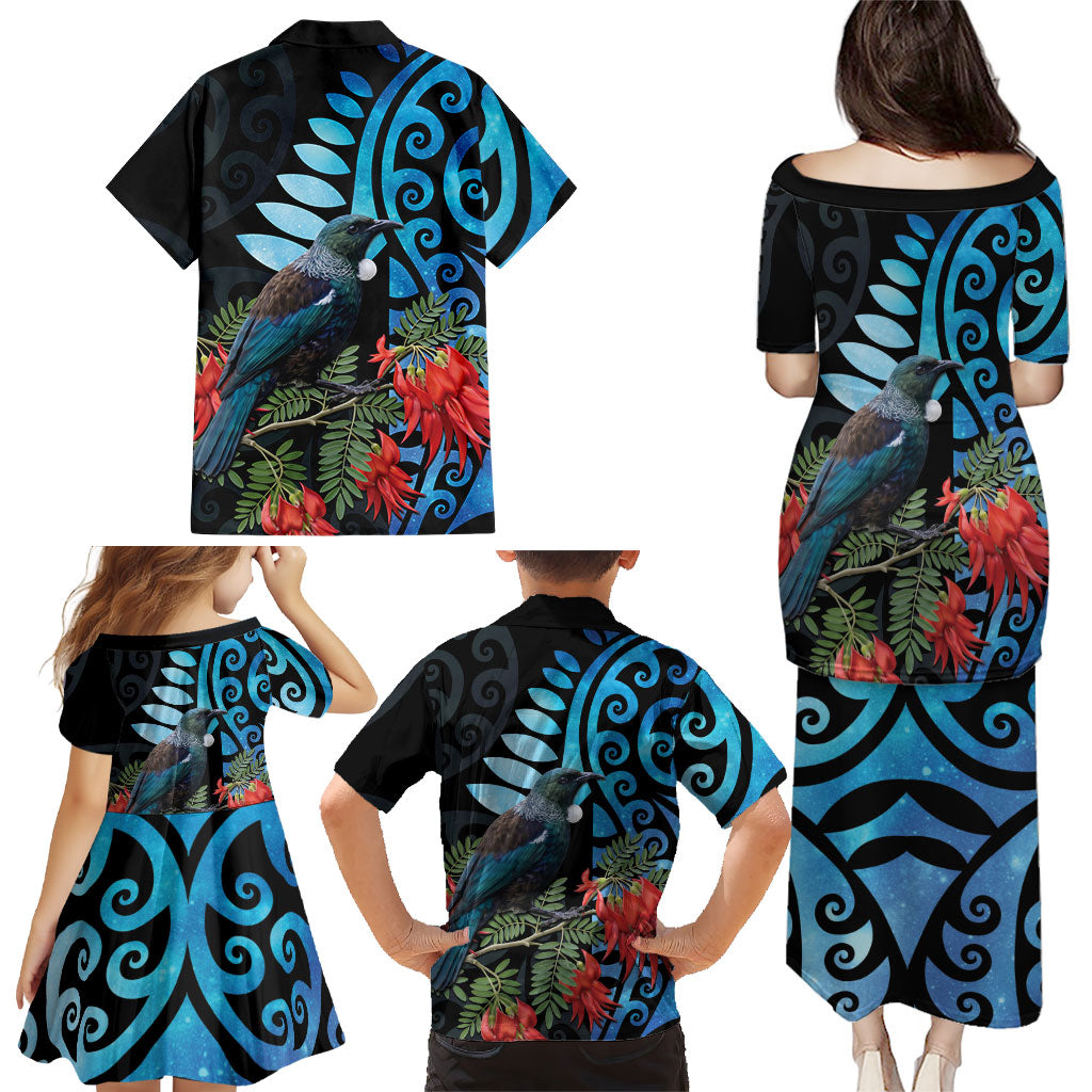 Tui Bird Kakabeak New Zealand Family Matching Puletasi and Hawaiian Shirt Clianthus Galaxy Maori Koru Pattern LT22 - Polynesian Pride