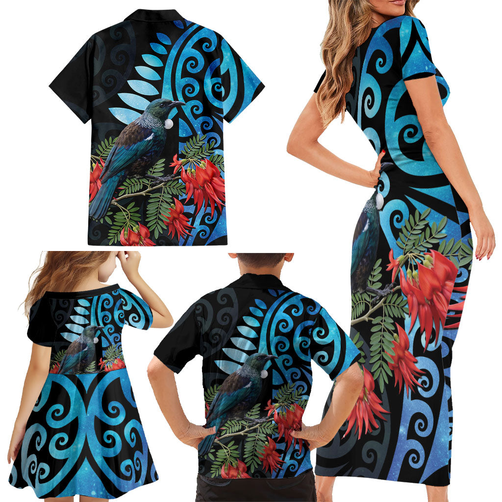 Tui Bird Kakabeak New Zealand Family Matching Short Sleeve Bodycon Dress and Hawaiian Shirt Clianthus Galaxy Maori Koru Pattern LT22 - Polynesian Pride