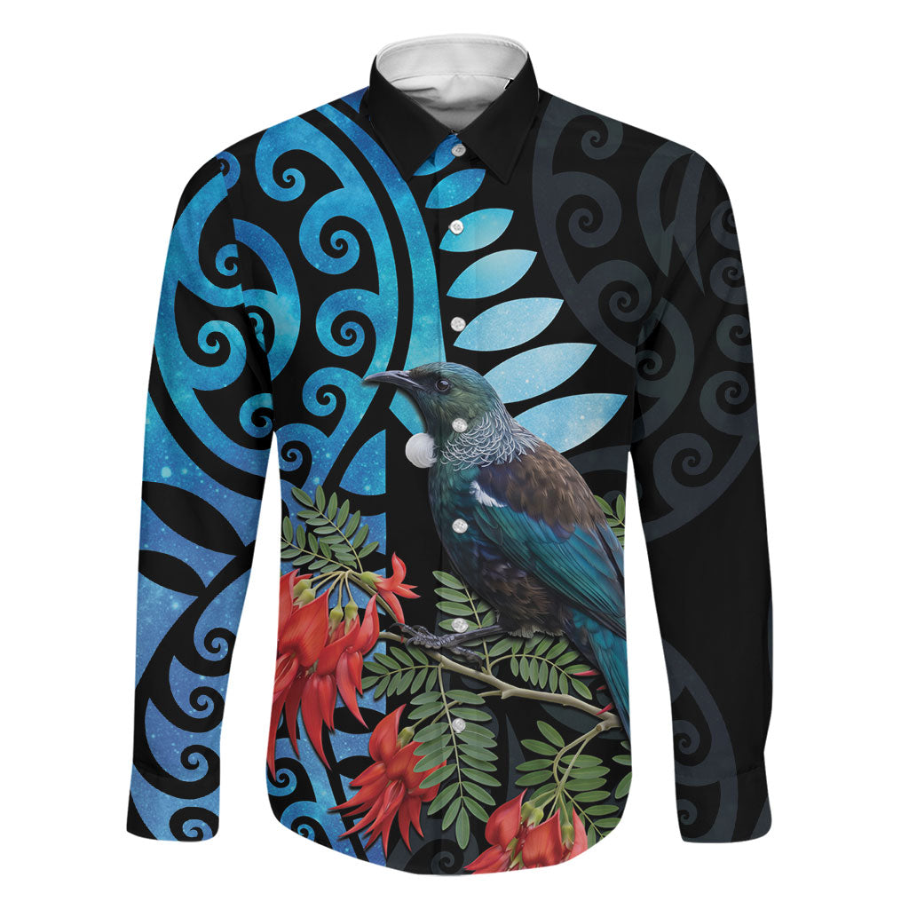 Tui Bird Kakabeak New Zealand Family Matching Short Sleeve Bodycon Dress and Hawaiian Shirt Clianthus Galaxy Maori Koru Pattern LT22 Dad's Shirt - Long Sleeve Blue - Polynesian Pride