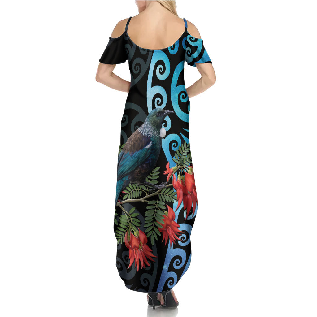 Tui Bird Kakabeak New Zealand Family Matching Summer Maxi Dress and Hawaiian Shirt Clianthus Galaxy Maori Koru Pattern LT22 - Polynesian Pride