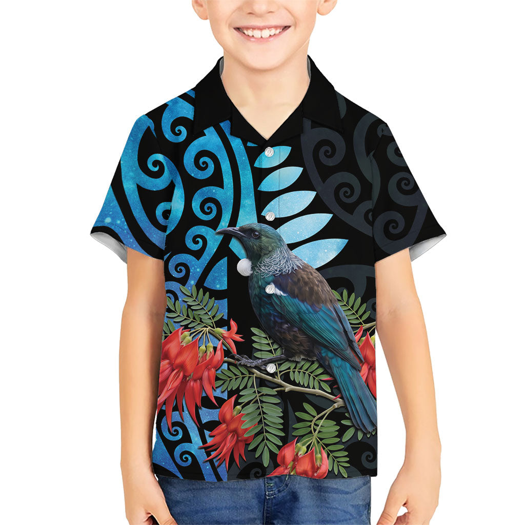 Tui Bird Kakabeak New Zealand Family Matching Summer Maxi Dress and Hawaiian Shirt Clianthus Galaxy Maori Koru Pattern LT22 Son's Shirt Blue - Polynesian Pride