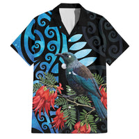 Tui Bird Kakabeak New Zealand Family Matching Tank Maxi Dress and Hawaiian Shirt Clianthus Galaxy Maori Koru Pattern LT22 Dad's Shirt - Short Sleeve Blue - Polynesian Pride