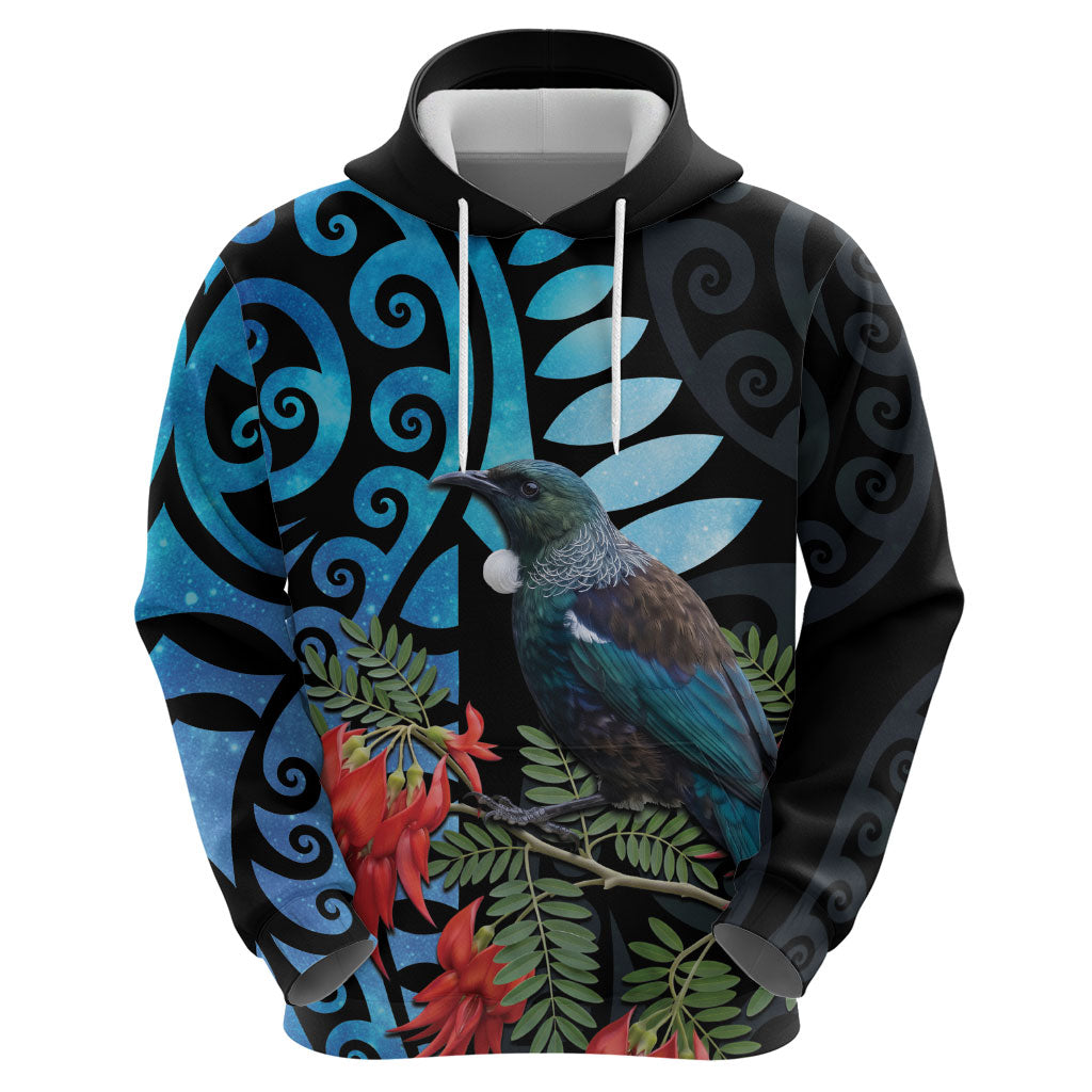 Tui Bird Kakabeak New Zealand Hoodie Clianthus Galaxy Maori Koru Pattern