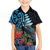 Tui Bird Kakabeak New Zealand Kid Hawaiian Shirt Clianthus Galaxy Maori Koru Pattern