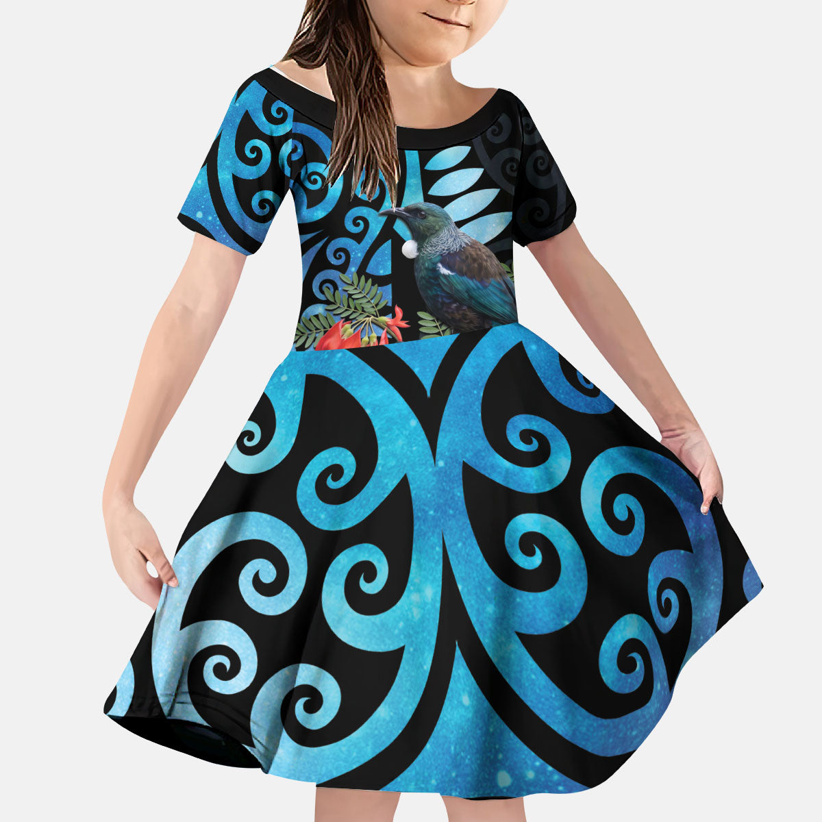 Tui Bird Kakabeak New Zealand Kid Short Sleeve Dress Clianthus Galaxy Maori Koru Pattern