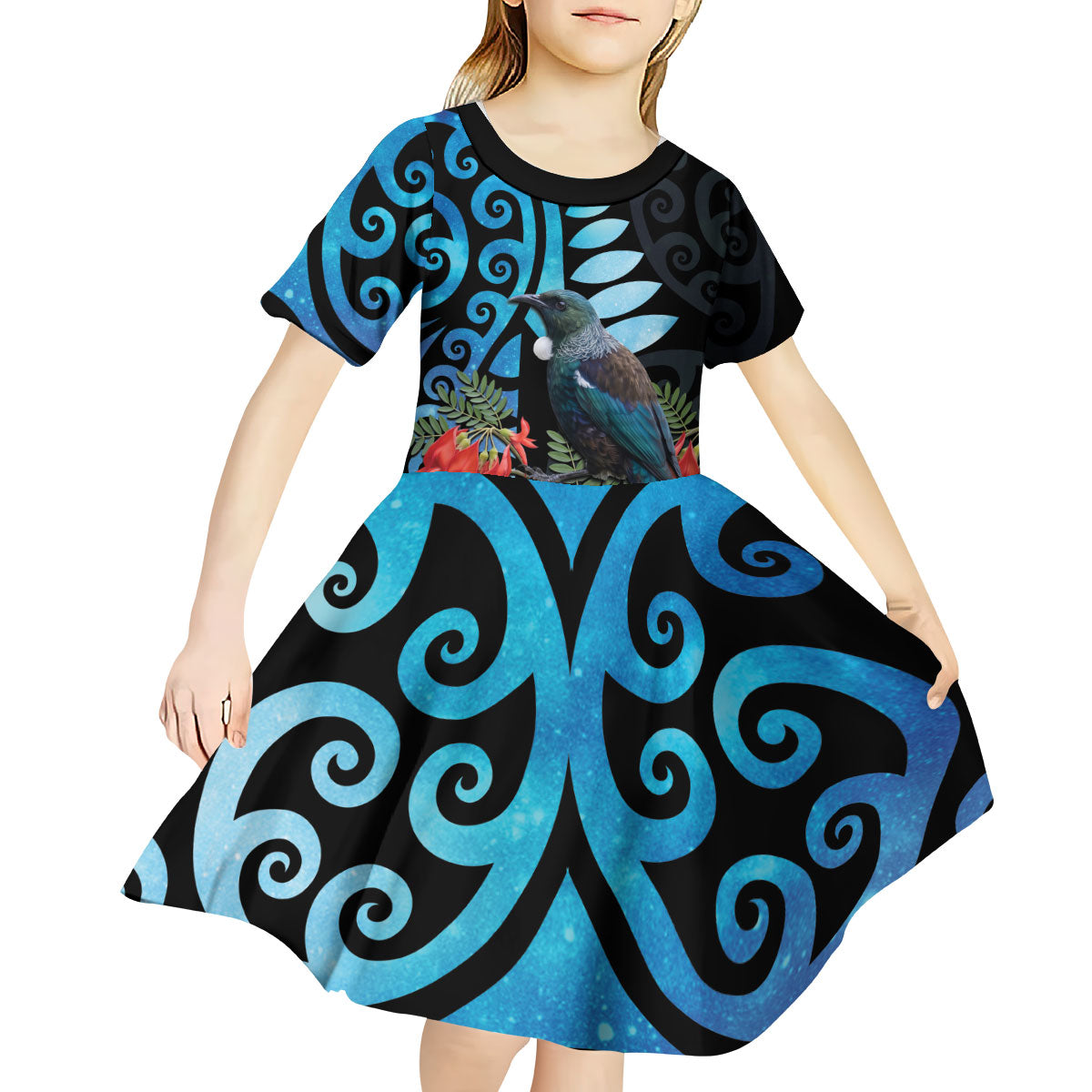 Tui Bird Kakabeak New Zealand Kid Short Sleeve Dress Clianthus Galaxy Maori Koru Pattern