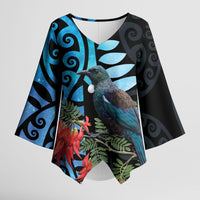 Tui Bird Kakabeak New Zealand Kimono Sleeve Blouse Clianthus Galaxy Maori Koru Pattern