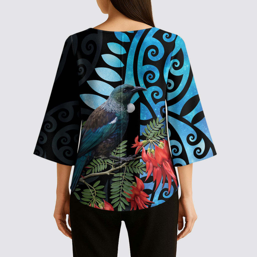 Tui Bird Kakabeak New Zealand Kimono Sleeve Blouse Clianthus Galaxy Maori Koru Pattern