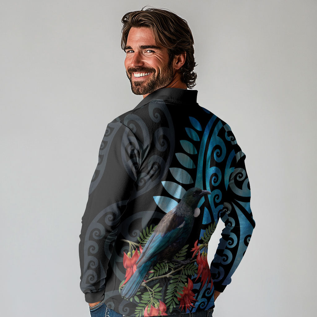 Tui Bird Kakabeak New Zealand Long Sleeve Polo Shirt Clianthus Galaxy Maori Koru Pattern
